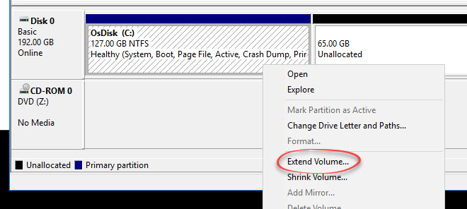 Extend volume in Disk Management
